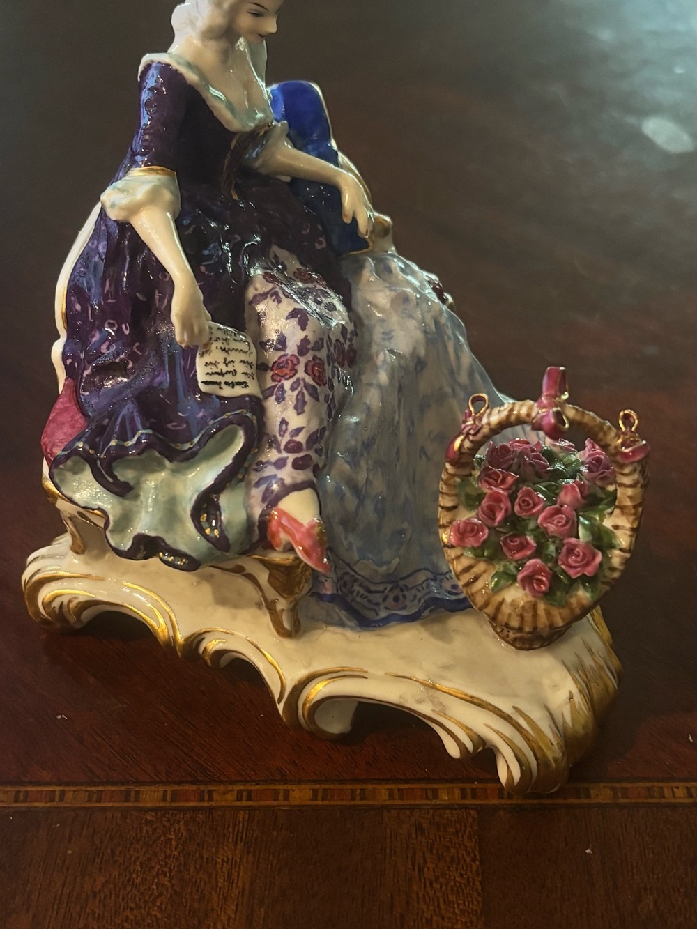 Porcelain Figurine with Purple Gown and Pink Rose Basket
